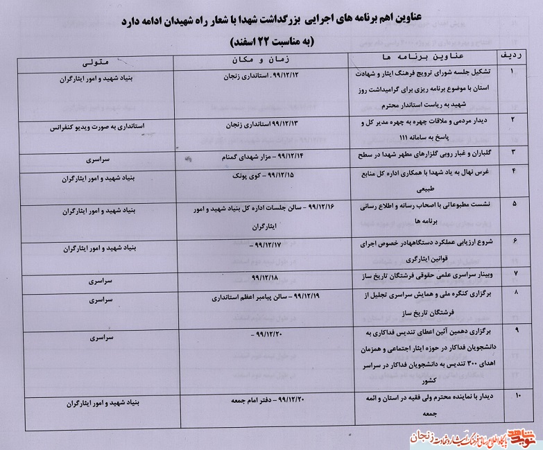 برنامه های 22 اسفند در زنجان تشریح شد